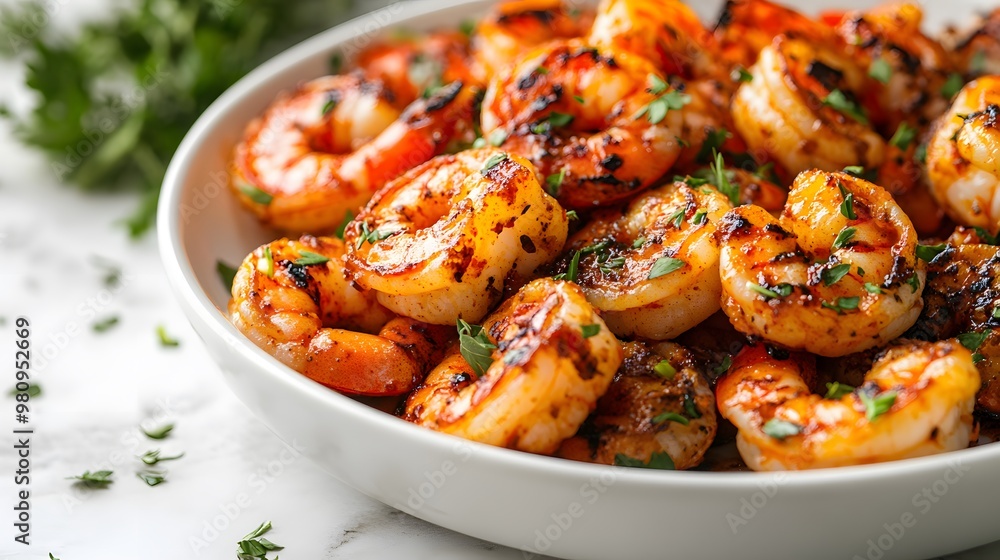 Close-up of succulent grilled shrimp in spicy sauce, garnished with fresh green herbs, exhibiting an appetizing texture and vibrant orange-red color on marble. Close-up of succulent grilled shrimp in spicy sauce, garnished with fresh green herbs, exhibiting an appetizing texture and vibrant orange-red color on marble.