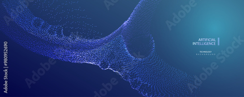Technology ai particles banner. Dots explosion big data neon blue background. Artificial Intelligence futuristic splash connect design.