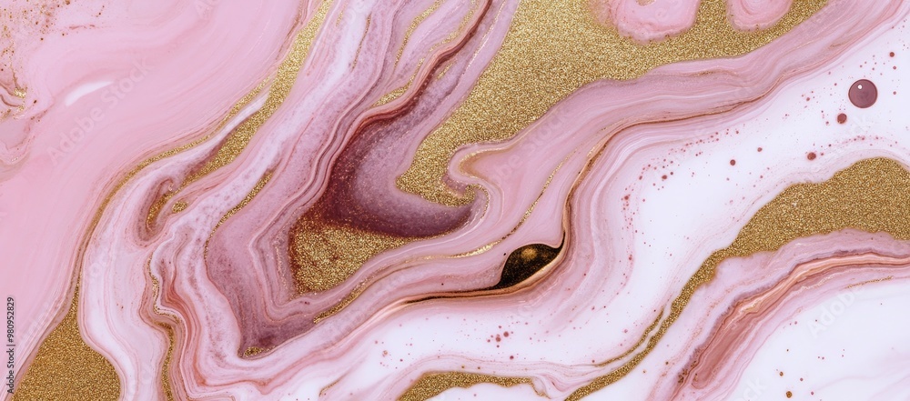Obraz premium Background banner with pink petals, blossoms, swirls of gold painted lines and marbled stone ink liquid fluid paintings.