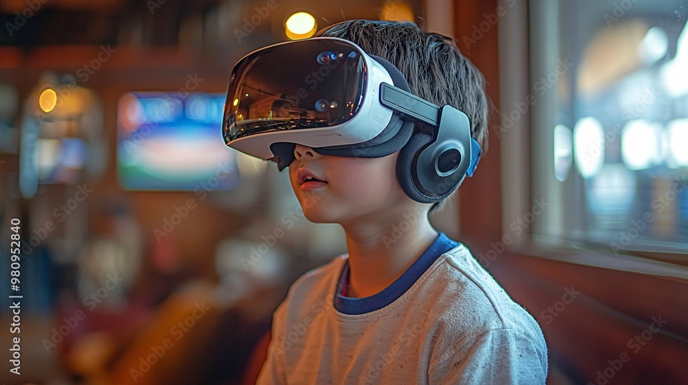 Show an Asian boy energetically swinging a virtual bat in his living room, using a VR headset to play an online baseball game Show an Asian boy energetically swinging a virtual bat in his living room, using a VR headset to play an online baseball game