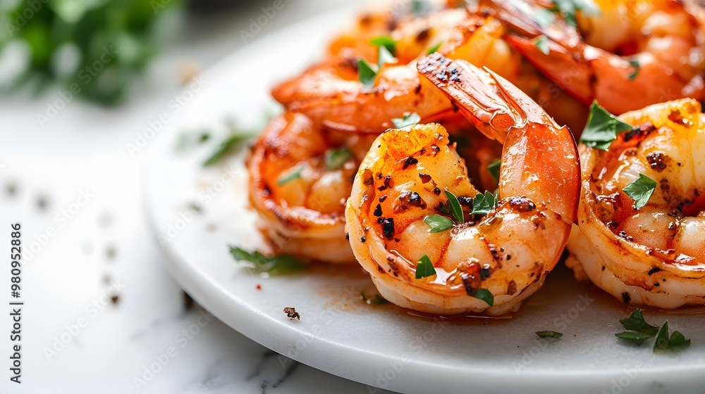 Close-up of succulent grilled shrimp in spicy sauce, garnished with fresh green herbs, exhibiting an appetizing texture and vibrant orange-red color on marble. Close-up of succulent grilled shrimp in spicy sauce, garnished with fresh green herbs, exhibiting an appetizing texture and vibrant orange-red color on marble.
