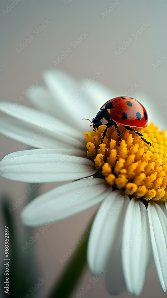one white chamomile on white background, and a little ladybug sits on the white petals one white chamomile on white background, and a little ladybug sits on the white petals