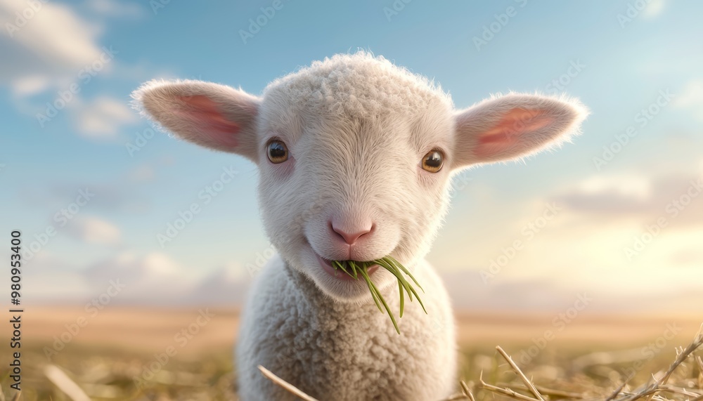 A curious lamb happily chewing on fresh grass, ears standing tall, with the warm glow of a country field in the background. A curious lamb happily chewing on fresh grass, ears standing tall, with the warm glow of a country field in the background.
