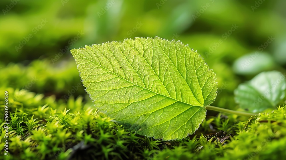 Green leaf on a mossy background, green leaf, woodland tranquility Green leaf on a mossy background, green leaf, woodland tranquility