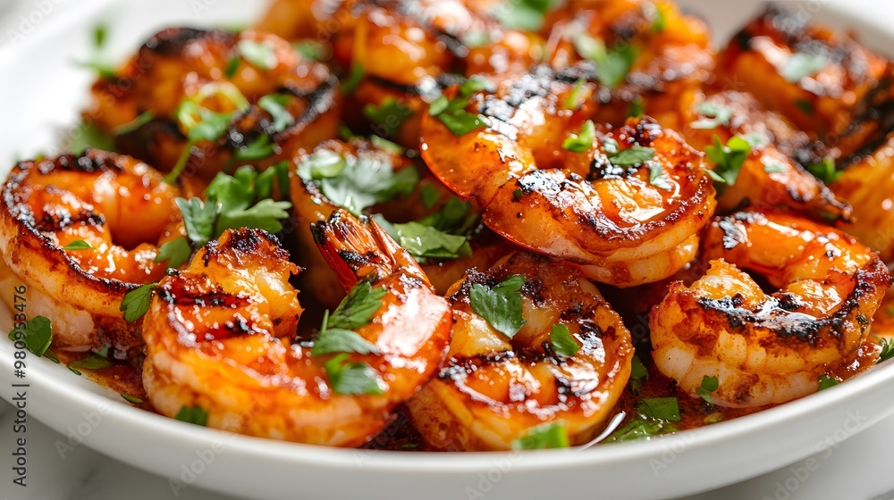 Close-up of succulent grilled shrimp in spicy sauce, garnished with fresh green herbs, exhibiting an appetizing texture and vibrant orange-red color on marble. Close-up of succulent grilled shrimp in spicy sauce, garnished with fresh green herbs, exhibiting an appetizing texture and vibrant orange-red color on marble.