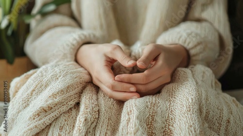 A person practicing grounding techniques during an anxiety attack, focusing on the texture of a soft blanket in their hands. photo