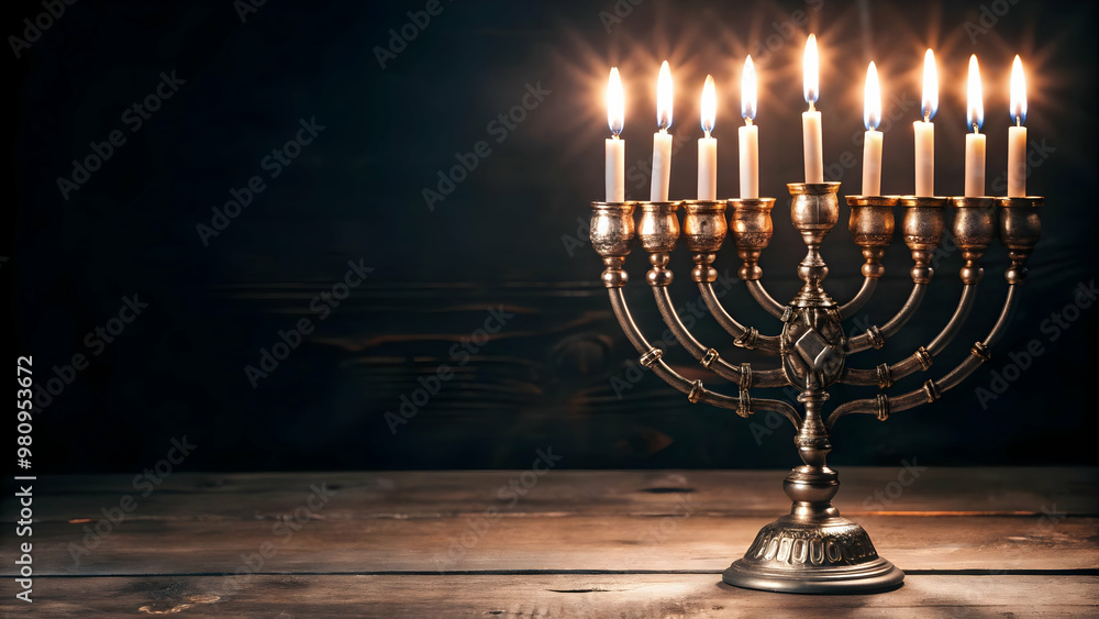 Glossy Hanukkah Menorah with Glowing Candles on Dark Background - Ideal for Holiday Promotions and Festive Graphics Glossy Hanukkah Menorah with Glowing Candles on Dark Background - Ideal for Holiday Promotions and Festive Graphics