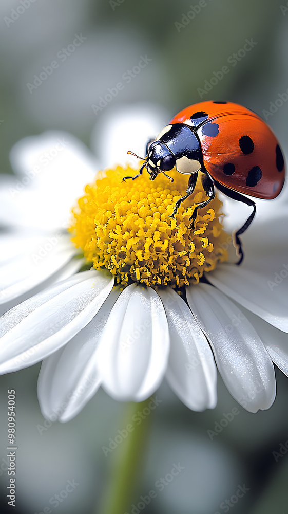 one white chamomile on white background, and a little ladybug sits on the white petals one white chamomile on white background, and a little ladybug sits on the white petals