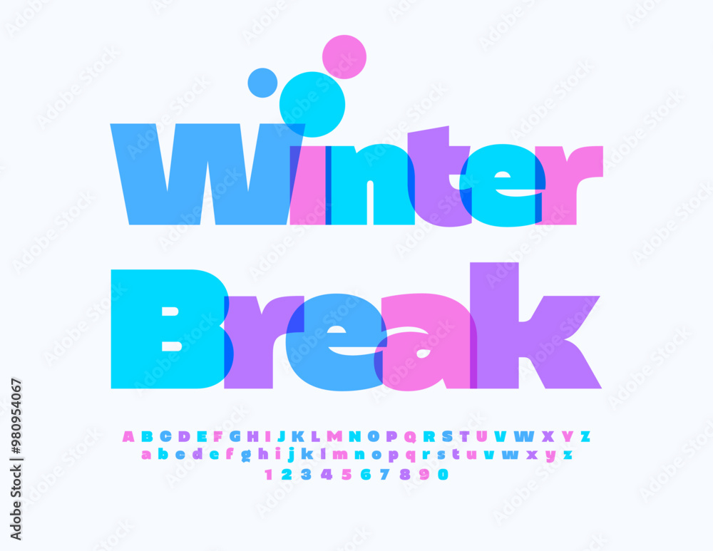 Obraz premium Vector artistic flyer Winter Break. Modern Colorful Font. Bright Alphabet Letters and Numbers set.