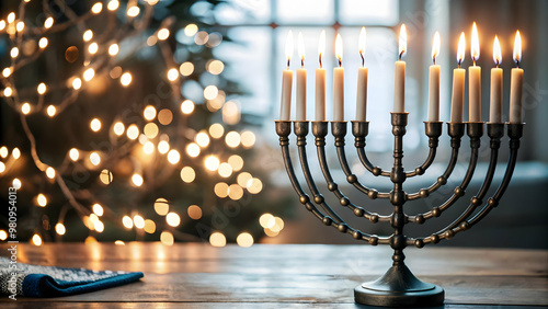 Elegant Minimalist Hanukkah Candles and Menorah Silhouette on White Background � Perfect for Promotional Designs and Celebratory Themes