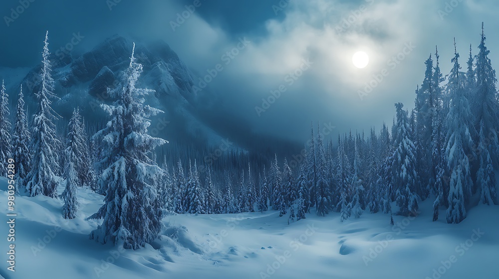 Fototapeta premium A serene winter landscape with snow-covered trees and a glowing moon in a misty atmosphere.