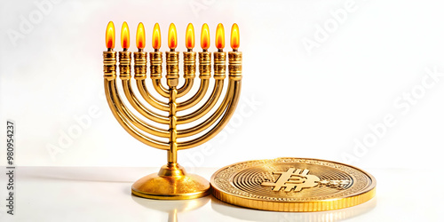 Futuristic Hanukkah Gelt with Holographic QR Code: Detailed Macro Shot Blending Tradition and Technology in Flat Vector Design photo