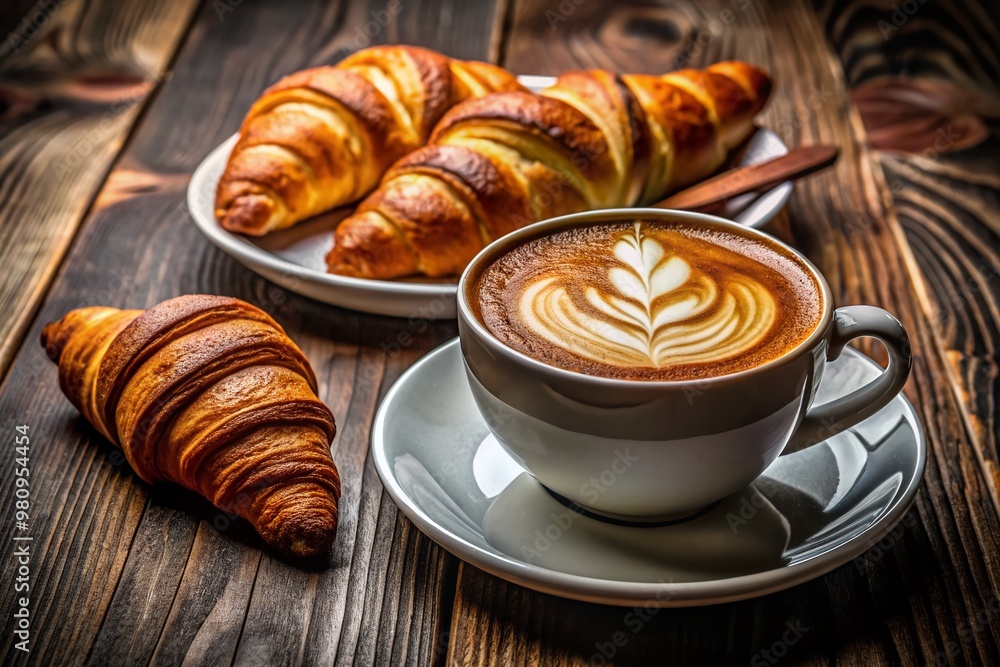 Elegant coffee cup with intricate latte art perfectly pairs with a delicious plate of flaky croissants on a rich dark wooden table, inviting morning indulgence. Elegant coffee cup with intricate latte art perfectly pairs with a delicious plate of flaky croissants on a rich dark wooden table, inviting morning indulgence.