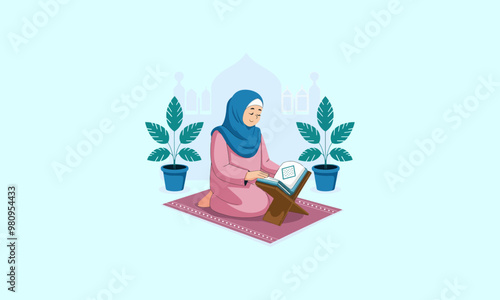 Muslim woman reading Quran on prayer mat, peaceful setting