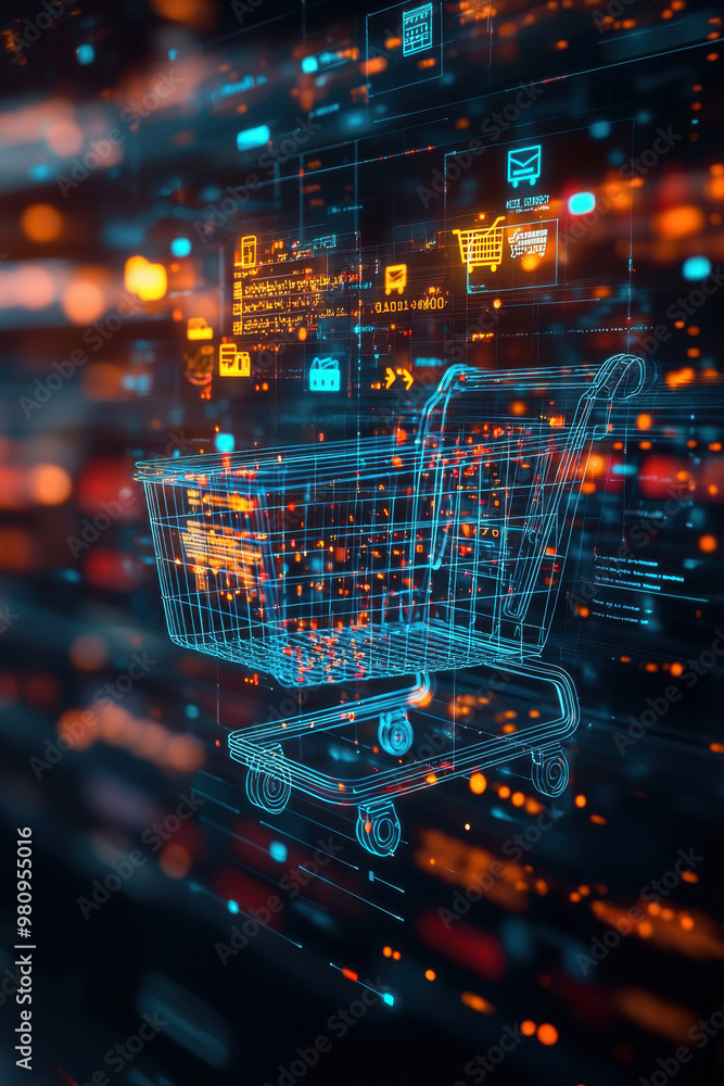Online shopping e-commerce, Hologram holographic of shopping cart with hovering annotations depicting online shopping Online shopping e-commerce, Hologram holographic of shopping cart with hovering annotations depicting online shopping