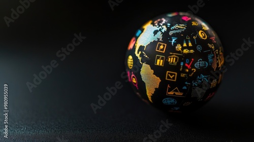 business icons on globe , black setting (close up, focus on, copy space) 