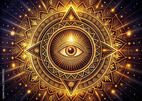 Mystical ancient symbol of divine omnipotence, an all-seeing eye surrounded by ornate circular patterns, radiating