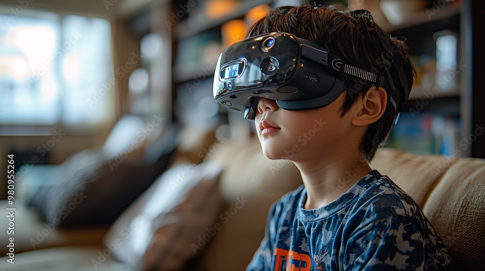 Show an Asian boy playing a virtual baseball game in his living room, the VR environment bringing a stadium to life around him Show an Asian boy playing a virtual baseball game in his living room, the VR environment bringing a stadium to life around him