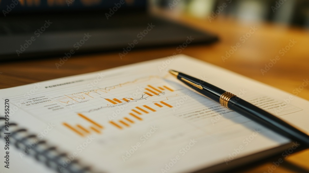 Fototapeta premium A close-up of a printed report featuring a gold price chart with data points and trend lines, placed on a desk with a pen and notebook for detailed review.