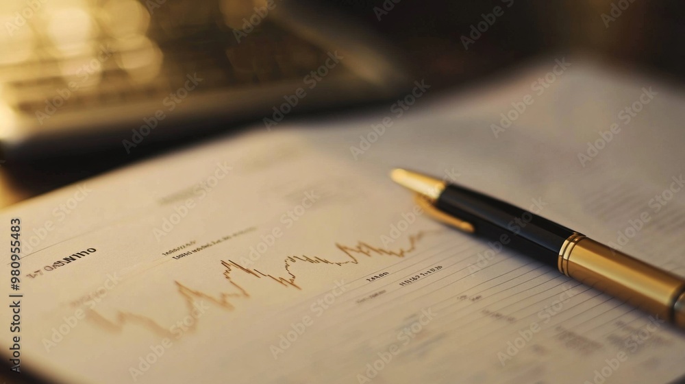 Fototapeta premium A close-up of a printed report featuring a gold price chart with data points and trend lines, placed on a desk with a pen and notebook for detailed review.