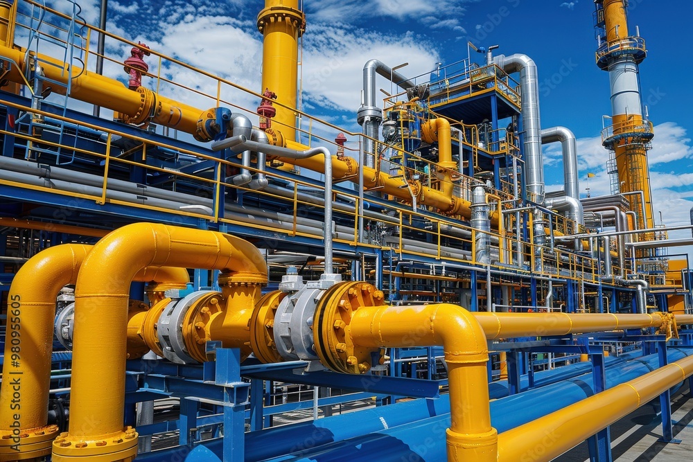Industrial Gas Processing Plant with Yellow Pipes Daytime Industrial Gas Processing Plant with Yellow Pipes Daytime