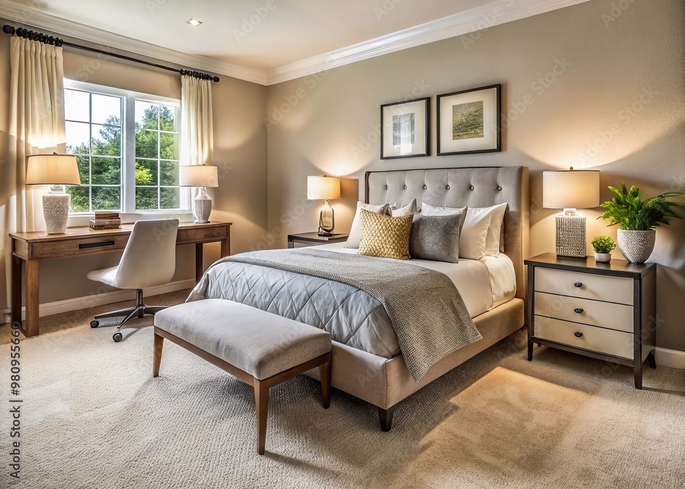 Neutral-toned bedroom with plush carpet, queen-sized bed, matching nightstands, and a compact desk, showcasing a Neutral-toned bedroom with plush carpet, queen-sized bed, matching nightstands, and a compact desk, showcasing a