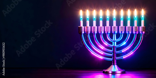 Futuristic Glossy Menorah with Digital Neon Lights Glowing on Dark Background - Perfect for Modern Hanukkah Promotions and Banners with Copy Space