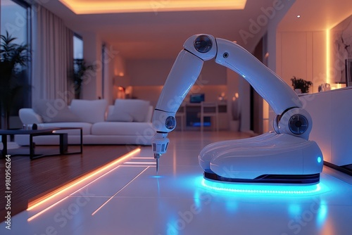 robotic arms installing smart flooring system futuristic living room with adaptive tiles changing color and texture based on inhabitants preferences photo