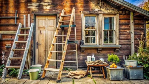 Wallpaper Mural Old wooden ladder leans against worn exterior wall of vintage home, surrounded by renovation tools and materials, Torontodigital.ca