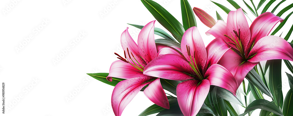 Transparent PNG image of bold magenta lilies with deep green leaves and a dramatic modern feel Transparent PNG image of bold magenta lilies with deep green leaves and a dramatic modern feel