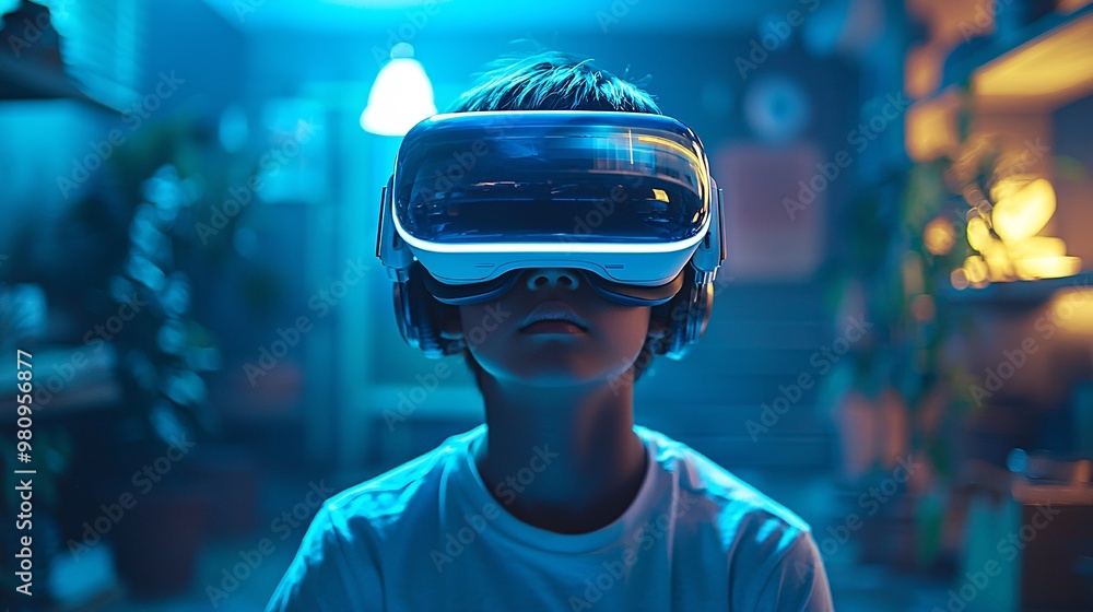 Render an Asian boy wearing a VR headset, enjoying a virtual tennis match, with his living room transformed into a futuristic sports arena Render an Asian boy wearing a VR headset, enjoying a virtual tennis match, with his living room transformed into a futuristic sports arena