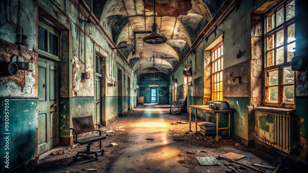 Fototapeta premium Ominous abandoned asylum corridor with peeling walls, rusty medical equipment, and flickering fluorescent lights