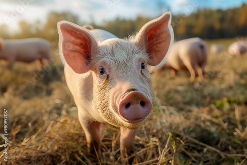 A curious piglet explores an organic farm during a sunny afternoon in rural countryside