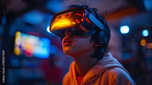 Create an image of an Asian teen in a brightly lit living room, fully immersed in a VR-enabled football game, surrounded by virtual players