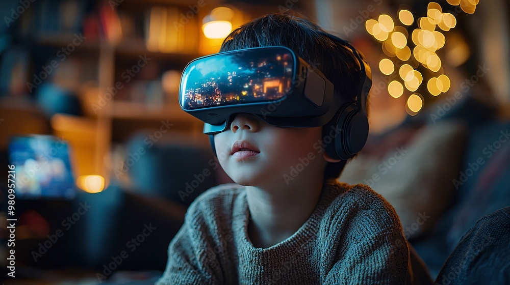 Design a scene of an Asian boy in a high-tech living room, playing a virtual reality soccer game with realistic graphics Design a scene of an Asian boy in a high-tech living room, playing a virtual reality soccer game with realistic graphics