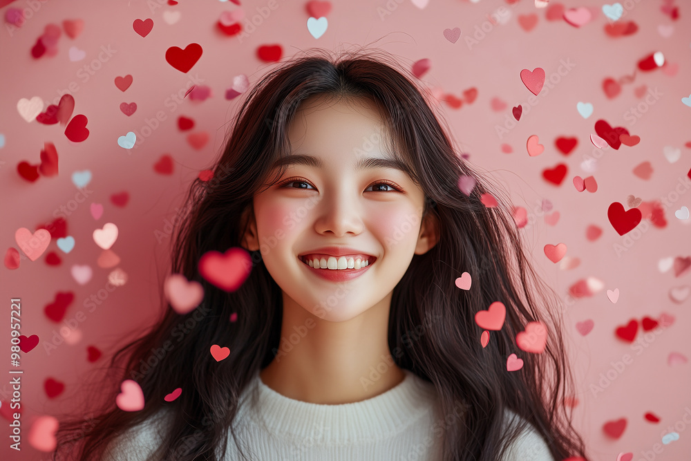 Cheerful Young Woman with Heart Confetti Background, Capturing the Spirit of Romance and Happiness Cheerful Young Woman with Heart Confetti Background, Capturing the Spirit of Romance and Happiness