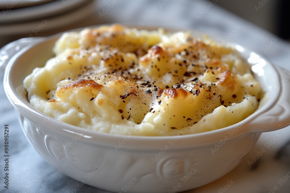 Deliciously baked potato dish topped with crispy golden edges served in a rustic bowl, perfect for any meal gathering Deliciously baked potato dish topped with crispy golden edges served in a rustic bowl, perfect for any meal gathering