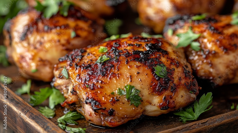 A close-up of perfectly grilled chicken thighs with crispy skin, garnished with fresh herbs and served on a rustic wooden platter, highlighting a delicious meal. A close-up of perfectly grilled chicken thighs with crispy skin, garnished with fresh herbs and served on a rustic wooden platter, highlighting a delicious meal.