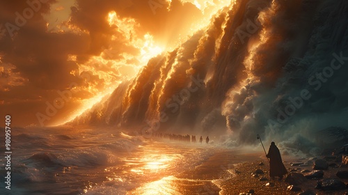 Visualize the sacred passage created by Moses as he parts the Red Sea, with towering waves on both sides and the Israelites crossing the dry seabed under a sky bathed in divine light photo