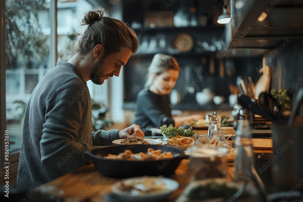 Couple preparing a cozy dinner together at home in an intimate kitchen setting during the evening hours Couple preparing a cozy dinner together at home in an intimate kitchen setting during the evening hours