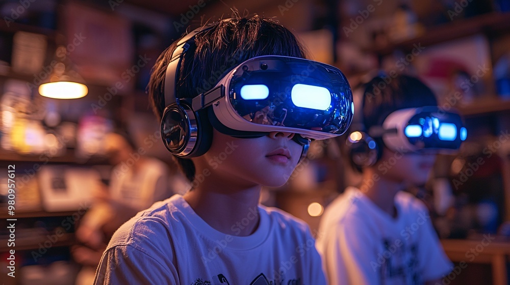 Design an image of an Asian boy and his friends in the living room, each wearing VR headsets and playing a virtual sports tournament together Design an image of an Asian boy and his friends in the living room, each wearing VR headsets and playing a virtual sports tournament together