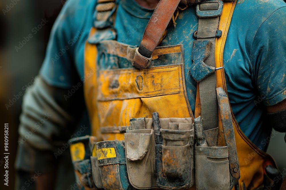 Manual laborer in a dusty worksite wearing a tool belt, showcasing heavy-duty clothing and equipment during outdoor tasks Manual laborer in a dusty worksite wearing a tool belt, showcasing heavy-duty clothing and equipment during outdoor tasks