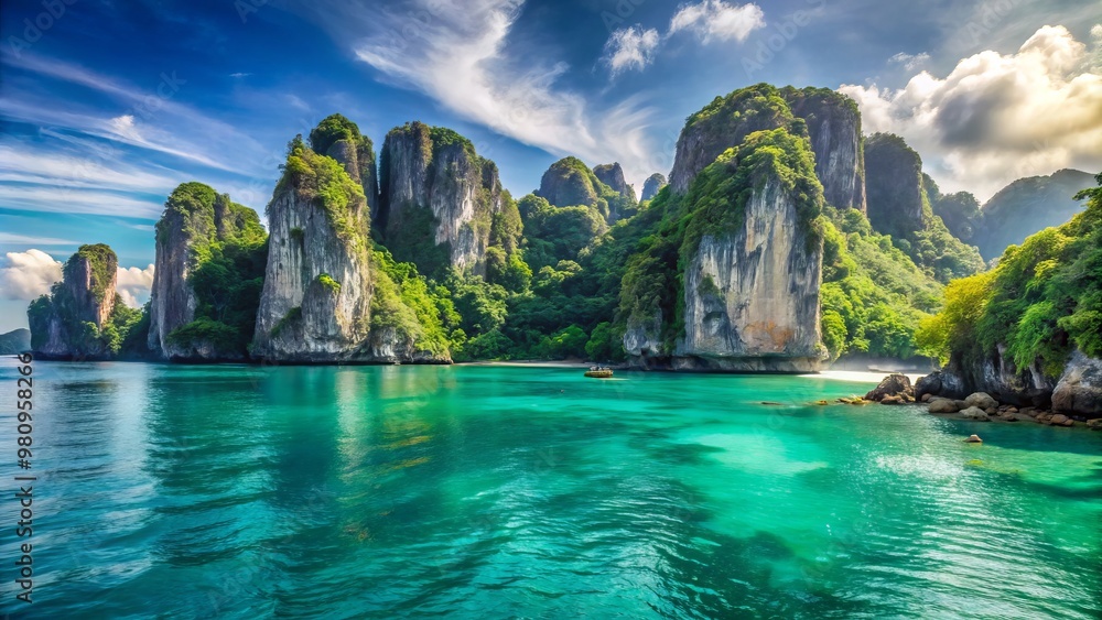 Majestic limestone cliffs pierce the turquoise sky, their weathered grandeur a striking contrast to the vibrant blue Majestic limestone cliffs pierce the turquoise sky, their weathered grandeur a striking contrast to the vibrant blue