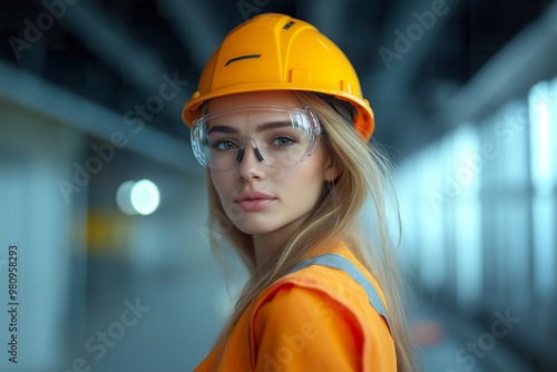 A safety-conscious woman in an orange uniform and helmet stands confidently in a construction setting, showcasing her focus and professionalism