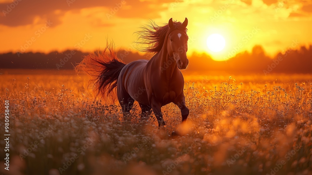 Majestic Horse Galloping at Sunset in Golden Field Majestic Horse Galloping at Sunset in Golden Field