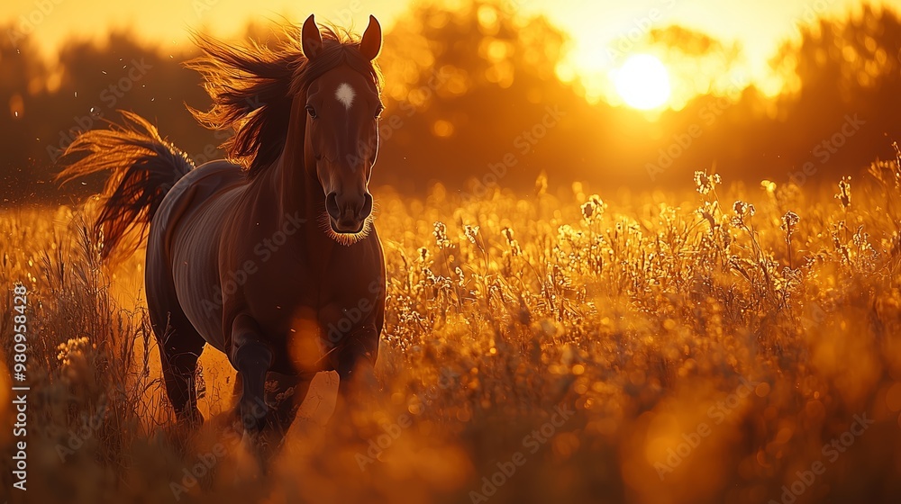 Majestic Horse Running Through Sunset Fields Majestic Horse Running Through Sunset Fields