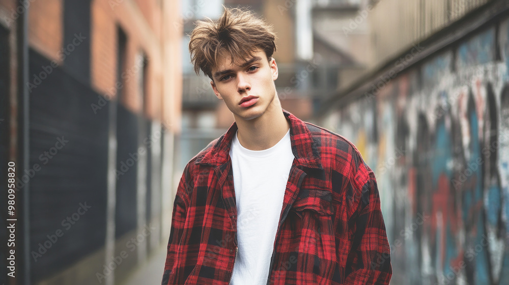 Portrait of a boy on the street in 90's style. Portrait of a boy on the street in 90's style.