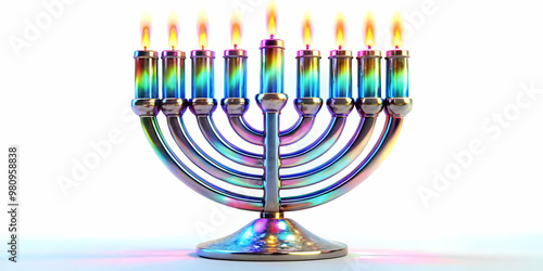 3D Macro of Futuristic Hanukkah Menorah Flame with Holographic Glow - Close-Up of Modern High-Tech Design Blending Tradition on White Background