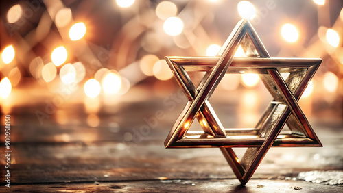 3D Glossy Star of David Floating on Dark Gradient Background with Copy Space for Hanukkah Banner Design