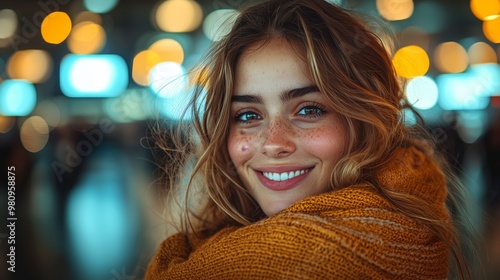 Wallpaper Mural Smiling Woman with Freckles in Cozy Sweater Torontodigital.ca